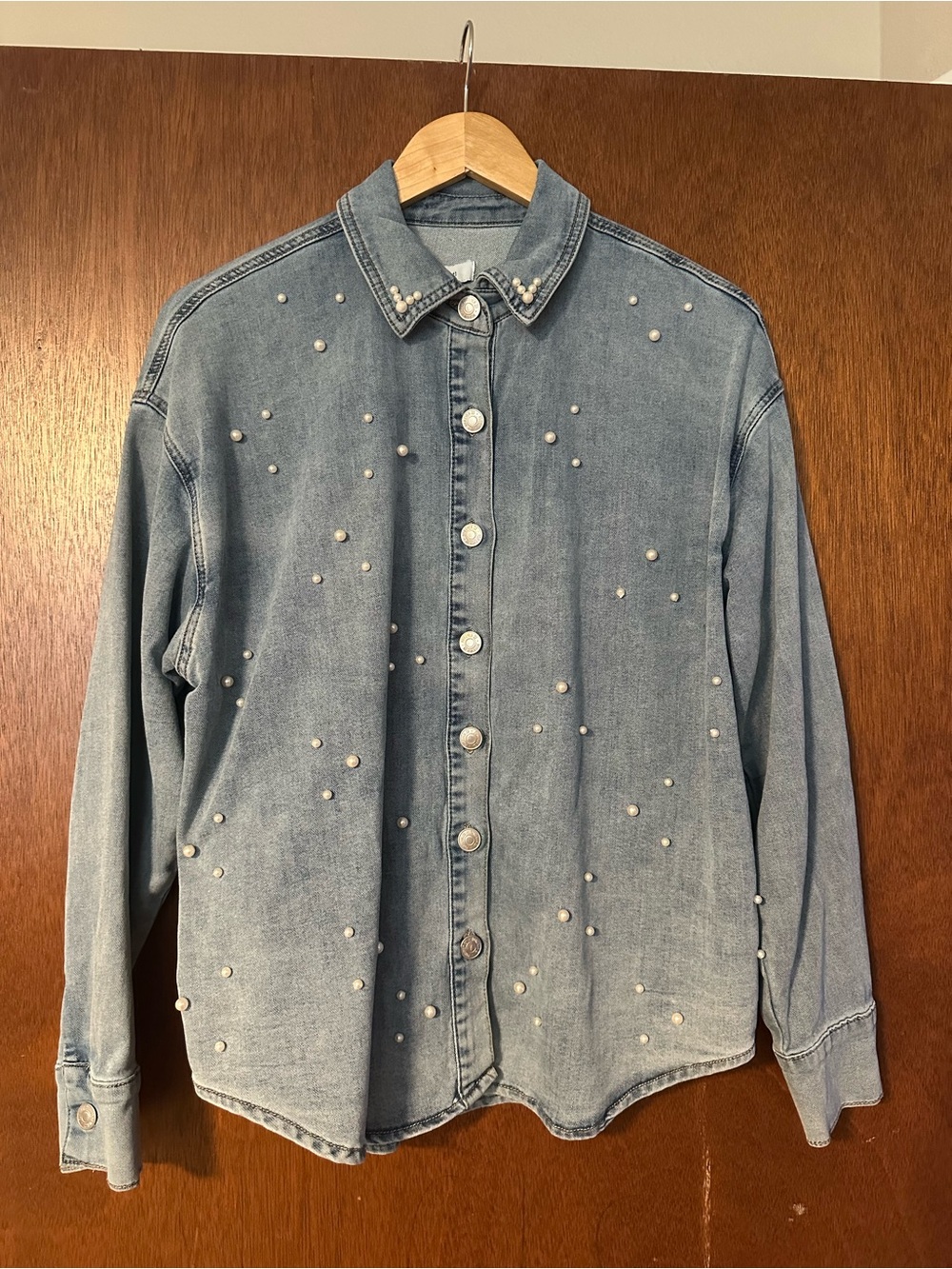 FOREVER 21 Pearl Embellishments Denim Shirt